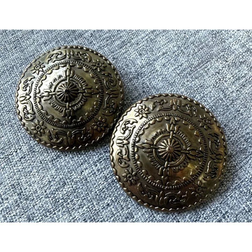 Vintage Earring Medallion Large Gold Tone Bronze Ornate Clip On